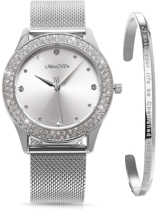 Accessories - Women's Silver Crystal Case Mesh Stainless Steel Band Cuff Bracelet Set Watch